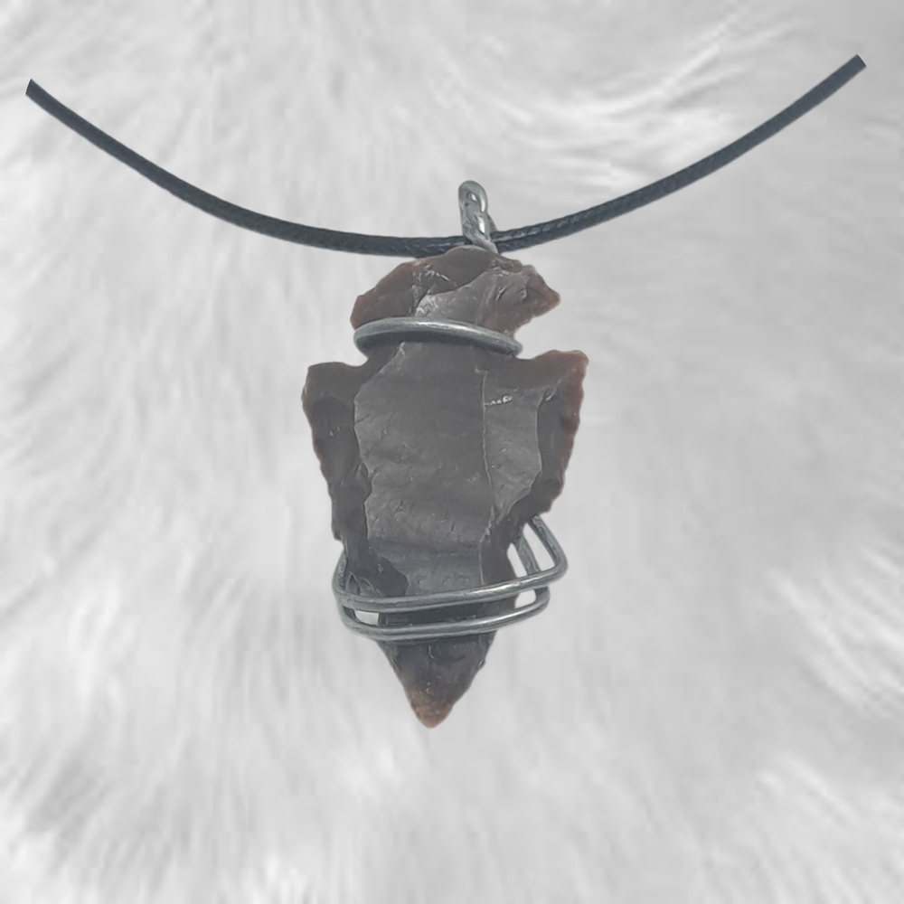 Elegant Hand-Wired Brown Stone Arrowhead Pendant with Black Cord Necklace. NWOT